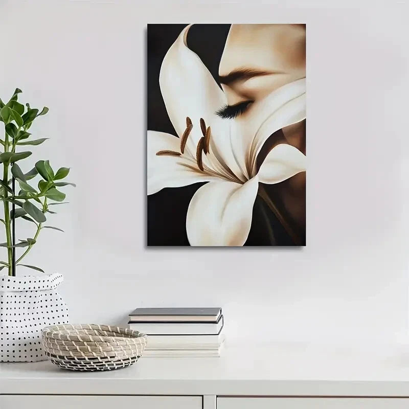 Serene Woman with Lily Painting 40x60cm Metal Print Ready to Hang - Bella Home Decor