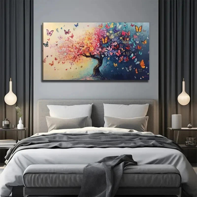 Big Tree Flowers Butterflies Wall Art Canvas Office Home Room Framed 120x60cm