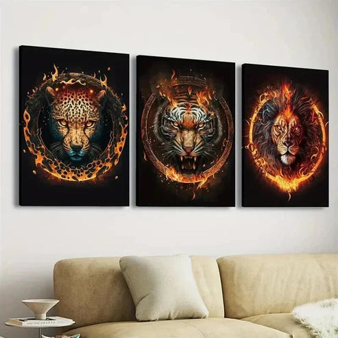 3pcs Fire Leopard Head And Tiger Lion Wall Art Canvas Unframed - High Quality Print 100% Australian Made Wall Canvas
