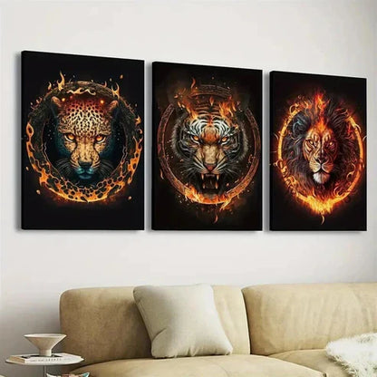 3pcs Fire Leopard Head And Tiger Lion Wall Art Canvas Unframed - High Quality Print 100% Australian Made Wall Canvas