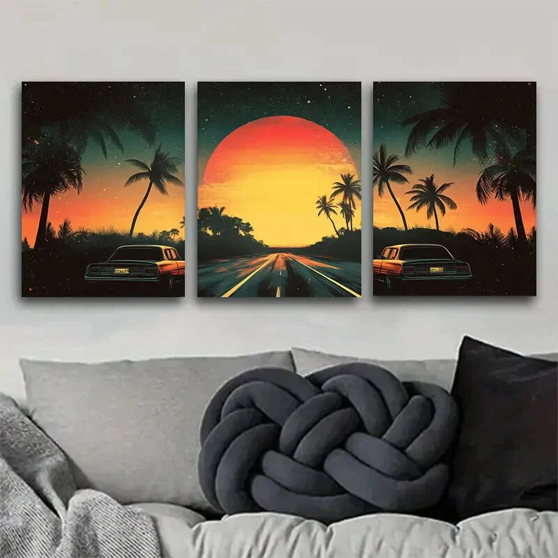 3pcs Retro Sunset Road with Palm Trees Perfect Wall Art Set Canvas Framed 60x90cm - High Quality Print 100% Australian Made Wall Canvas Ready to Hang - Bella Home Decor