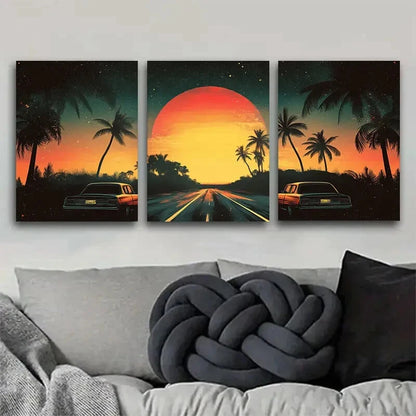 3pcs Retro Sunset Road with Palm Trees Perfect Wall Art Set Canvas Framed 60x90cm - High Quality Print 100% Australian Made Wall Canvas Ready to Hang - Bella Home Decor