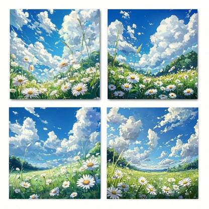 4pcs Vibrant Daisy Field Wall Art Canvas Framed