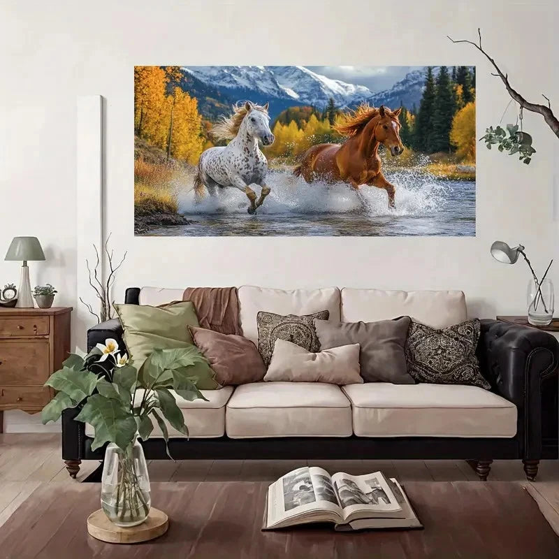 Horses Running Waterfall Wall Art Canvas Office Home Room Framed 120x60cm