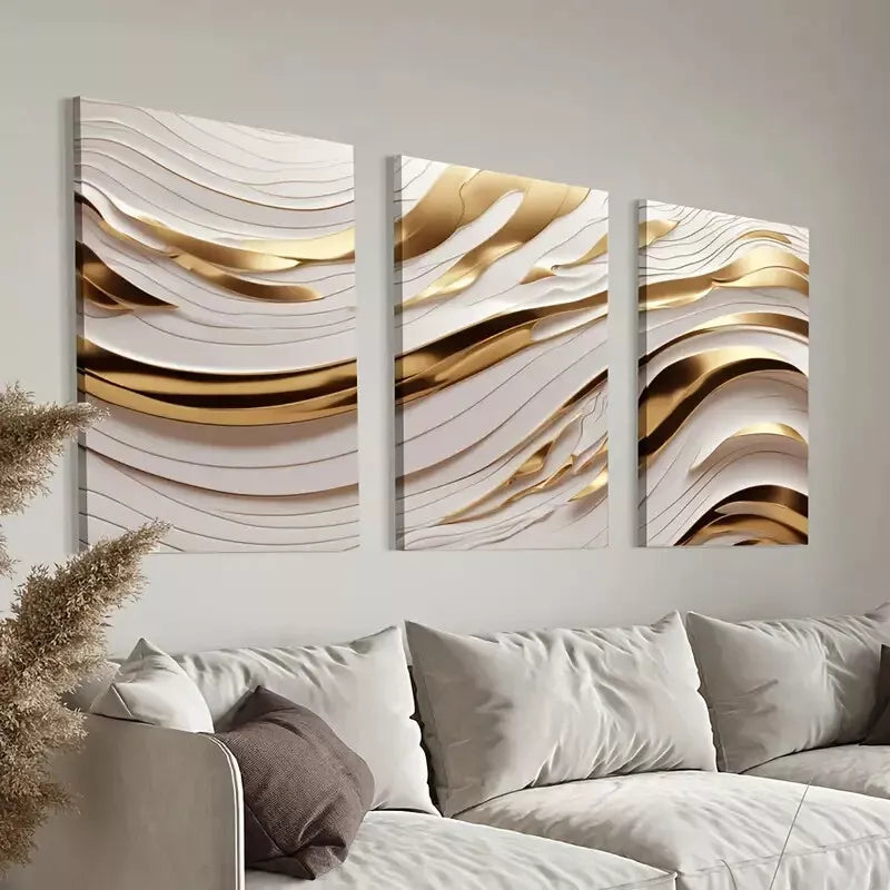 3pcs Golden & White Abstract Wave Canvas Framed 60x90cm - High Quality Print 100% Australian Made Wall Canvas Ready to Hang