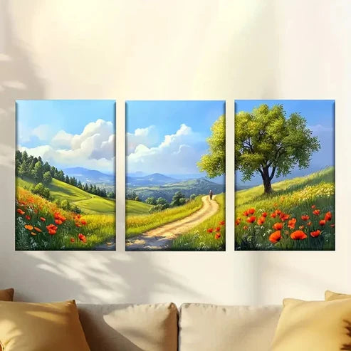 3pcs a painting of a road leading to a tree  Wall Art Set Canvas Unframed - High Quality Print 100% Australian Made Wall Canvas - Bella Home Decor