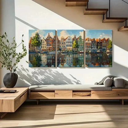 3pcs Amsterdam Canal Scene Reflections Wall Art Set Canvas Framed 40x60cm - High Quality Print 100% Australian Made Wall Canvas Ready to Hang - Bella Home Decor