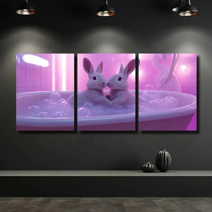 3pcs Charming Rabbits in Bathtub Wall Art Set Canvas Framed 50x70cm - High Quality Print 100% Australian Made Wall Canvas Ready to Hang