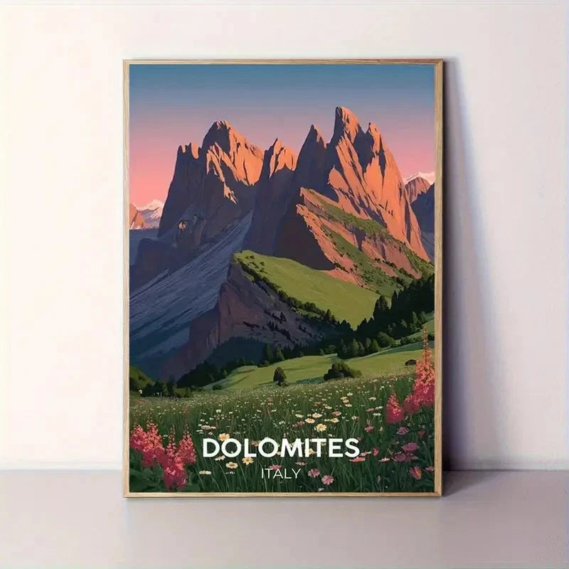 Dolomites Italy Pink Sky Alps Wildflowers Peaks Travel Poster Print Wall Art