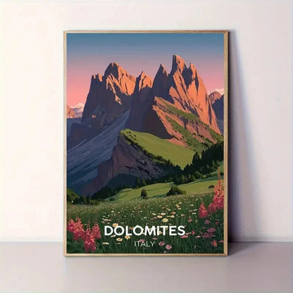 Dolomites Italy Pink Sky Alps Wildflowers Peaks Travel Poster Print Wall Art