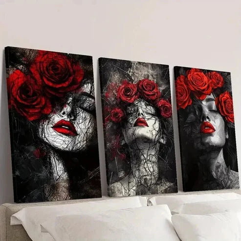 3pcs Elegant Women with Red Roses Wall Art Canvas Unframed – High Quality Print 100% Australian Made Wall Canvas