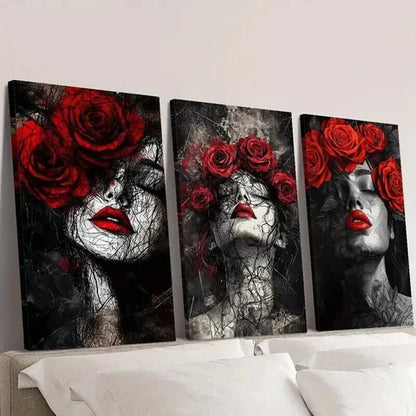 3pcs Elegant Women with Red Roses Wall Art Canvas Unframed – High Quality Print 100% Australian Made Wall Canvas