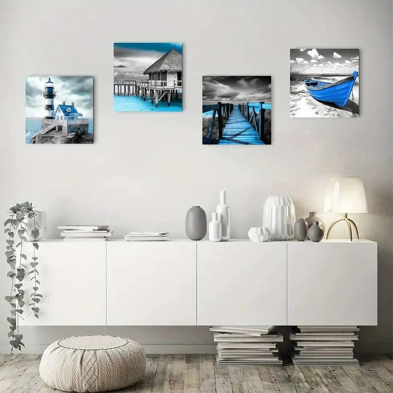 4pcs Blue Beach Coastal Black And White Lighth Wall Art Canvas Framed