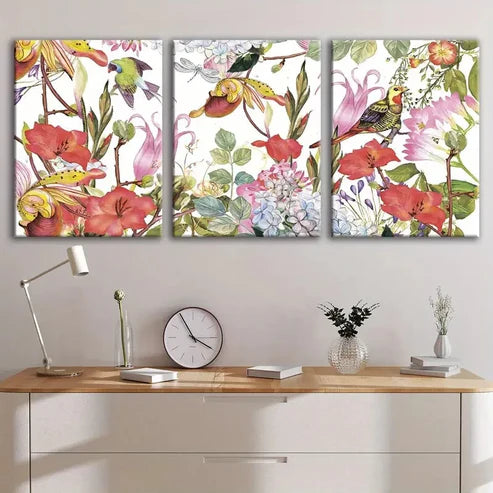 3pcs Vibrant Floral & Birds Red Flowers Parrots Wall Art Set Canvas Unframed - High Quality Print 100% Australian Made Wall Canvas