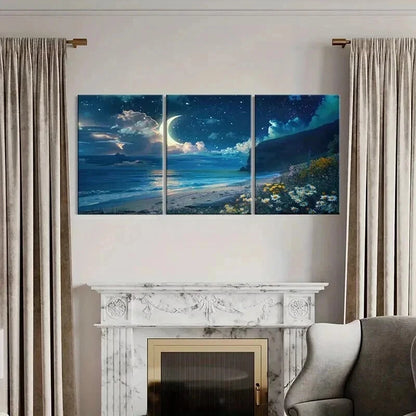 3pcs Beach Landscape Seaside Moon & Flowers Wall Art Set Canvas Framed 60x90cm - High Quality Print 100% Australian Made Wall Canvas Ready to Hang - Bella Home Decor