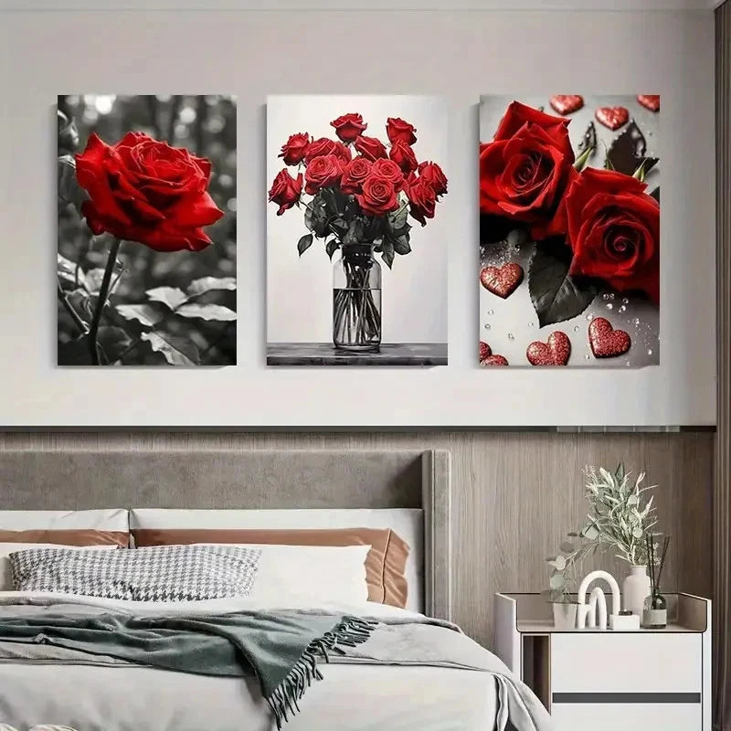 3pcs Red Rose Black and White and Full Color Wall Art Set Canvas Framed 40x60cm - High Quality Print 100% Australian Made Wall Canvas Ready to Hang - Bella Home Decor