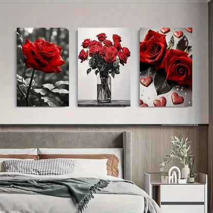 3pcs Red Rose Black and White and Full Color Wall Art Set Canvas Framed 40x60cm - High Quality Print 100% Australian Made Wall Canvas Ready to Hang - Bella Home Decor