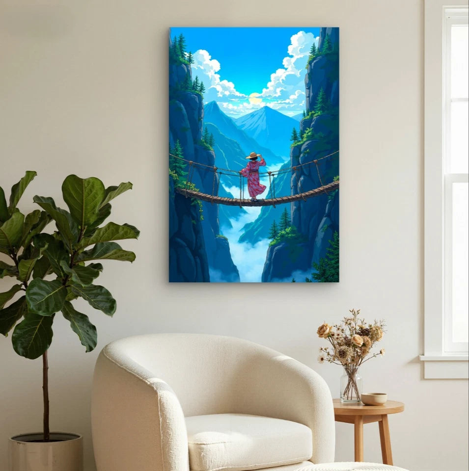Anime Mountain Valley Canyon Bridge 40x60cm Metal Print Ready to Hang