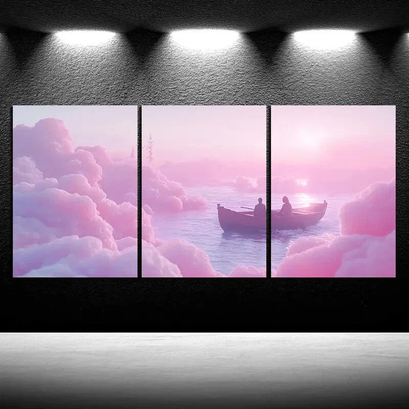 3pcs A Ship in the Pink Sea of Clouds Metal Print Ready to Hang Art - Bella Home Decor