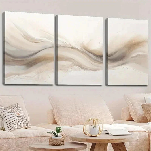 3pcs Soft Beige & Brown Swirls Decor Wall Art Set Canvas Framed 40x60cm - High Quality Print 100% Australian Made Wall Canvas Ready to Hang