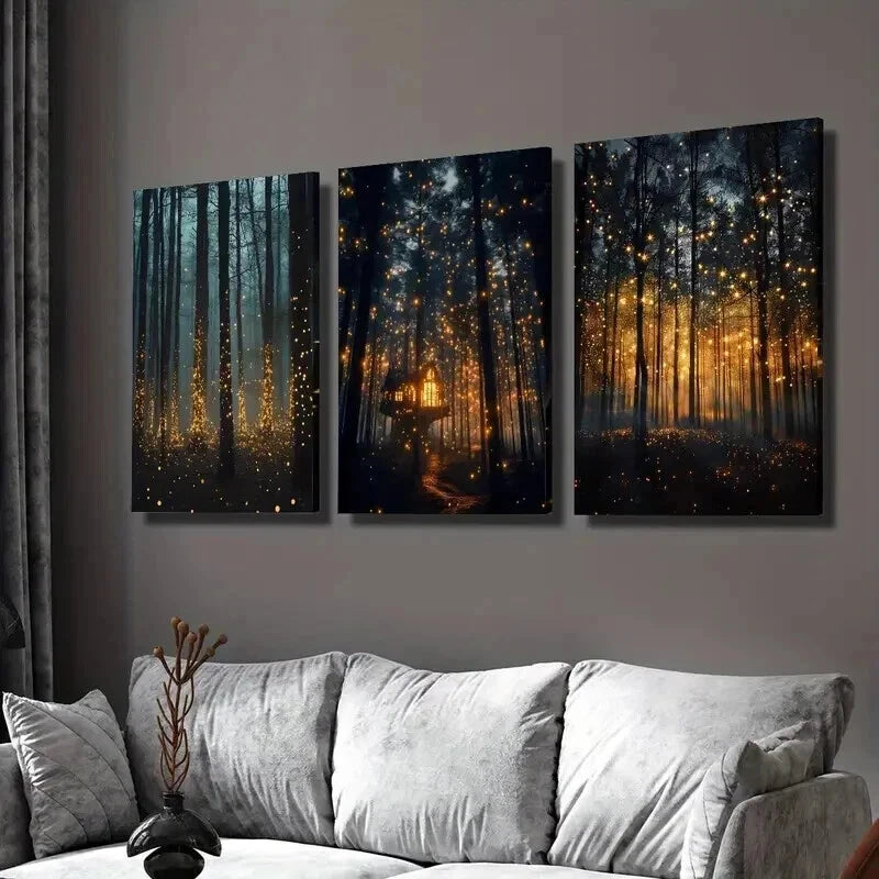 3pcs Dreamy Mysterious Forest & Firefly Wall Art Set Canvas Framed 40x60cm - High Quality Print 100% Australian Made Wall Canvas Ready to Hang