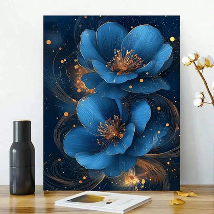 Blue Flowers with Golden Glitter, Swirls, And Dots  40x60cm Metal Print Ready to Hang
