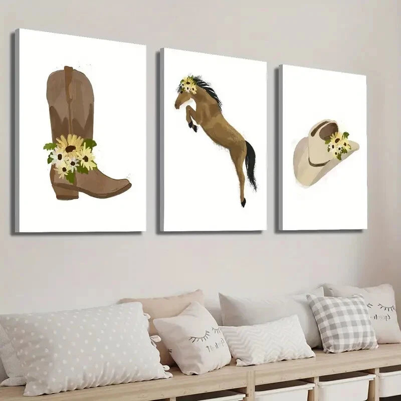 3pcs Hat & Jumping Horse Yellow Daisy Perfect Wall Art Set Canvas Framed 40x60cm - High Quality Print 100% Australian Made Wall Canvas Ready to Hang - Bella Home Decor