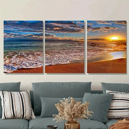 3pcs Beach Sunset Ocean with Sandy Shore Wall Art Set Canvas Unframed - High Quality Print 100% Australian Made Wall Canvas - Bella Home Decor