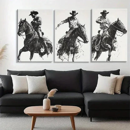 3pcs Dynamic Cowboy on Horse Dark Shadow Perfect Wall Art Set Canvas Unframed - High Quality Print 100% Australian Made Wall Canvas