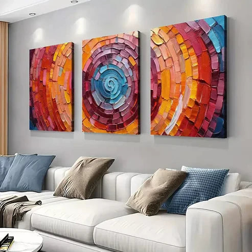 3pcs Vibrant Geometric Stone Brick Circular Canvas Unframed - High Quality Print 100% Australian Made Wall Canvas