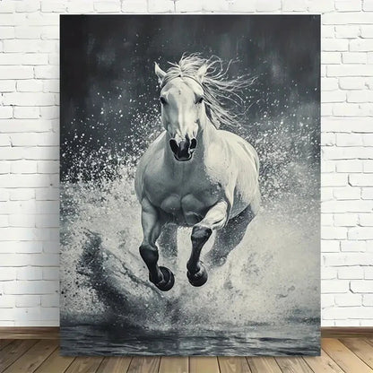 Beautiful Elegant White Horse In Motion Painting 40x60cm Metal Print Ready to Hang - Bella Home Decor