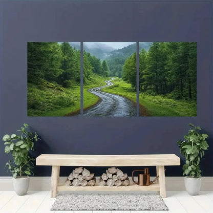 3pcs Vibrant Green Trees & Winding Pathway Metal Print Ready to Hang Art - Bella Home Decor
