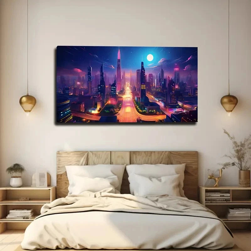 Modern City Under The Night Wall Art Canvas Office Home Room Framed 120x60cm