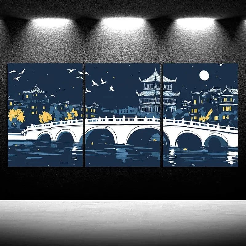 3pcs Beautiful Arch Bridge Moon Metal Print Ready to Hang Art - Bella Home Decor
