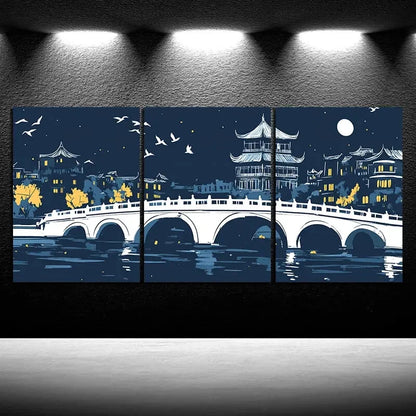 3pcs Beautiful Arch Bridge Moon Metal Print Ready to Hang Art - Bella Home Decor