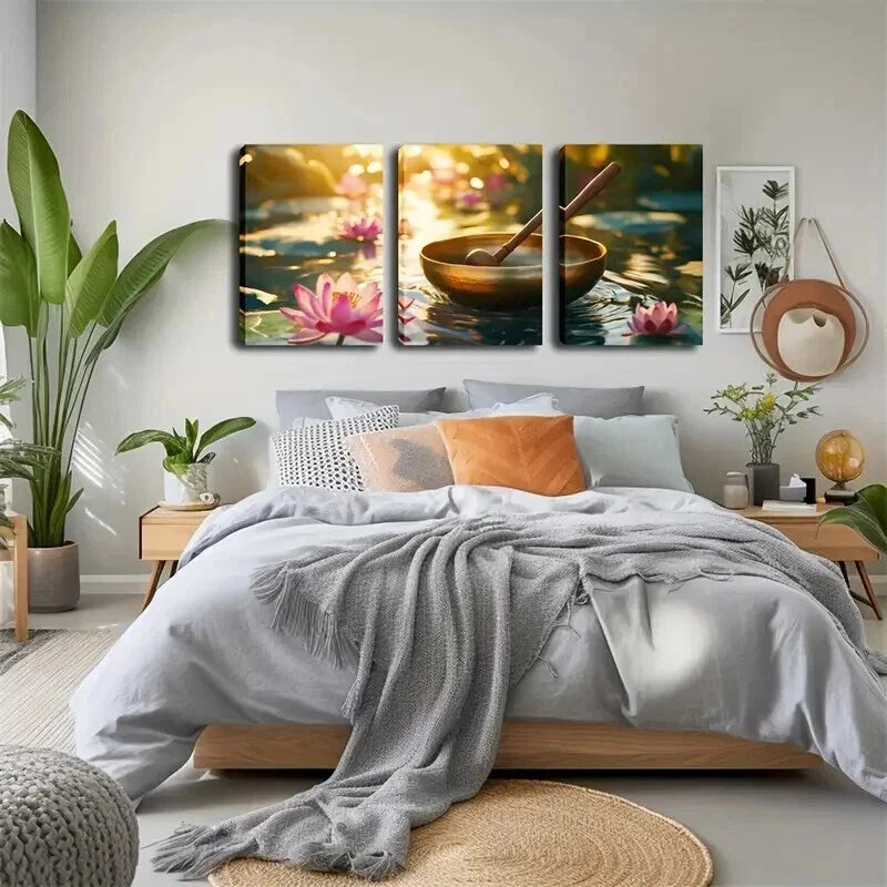 3pcs Golden Bowl and Wooden Spoon on Water Wall Art Set Canvas Framed 50x70cm - High Quality Print 100% Australian Made Wall Canvas Ready to Hang