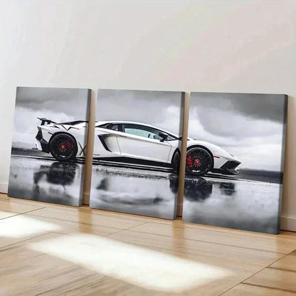 3pcs White Lambo Super Car Modern Vehicle Wall Art Set Canvas Framed 60x90cm - High Quality Print 100% Australian Made Wall Canvas Ready to Hang