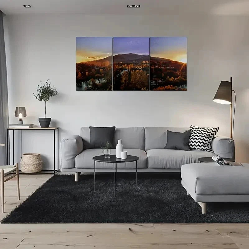 3pcs Golden Sunset Painting Scenery Metal Print Ready to Hang Art - Bella Home Decor