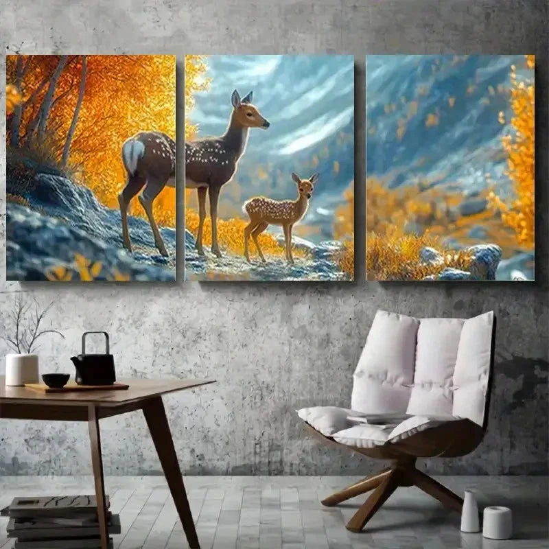 3pcs Deer Family in Autumn Forest Metal Print Ready to Hang Art - Bella Home Decor