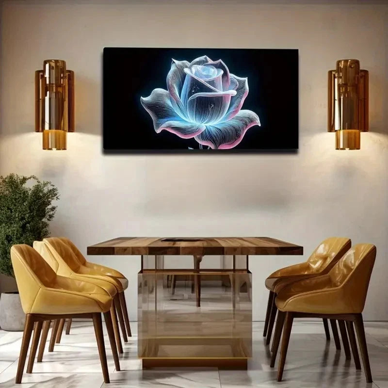 Vibrant Neon Rose Glowing Wall Art Canvas Office Home Room Framed 120x60cm