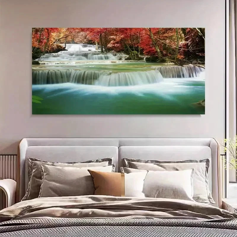 Waterfall Red Autumn Trees Landscape Wall Art Canvas Office Home Room Framed 120x60cm - Bella Home Decor