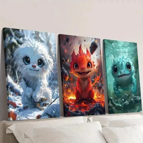 3pcs Cute Little Fantasy Cartoon Monsters Wall Art Canvas Unframed - High Quality Print 100% Australian Made Wall Canvas - Bella Home Decor