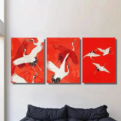 3pcs Vintage Japanese Style Crane Bird Wall Art Canvas Unframed - High Quality Print 100% Australian Made Wall Canvas