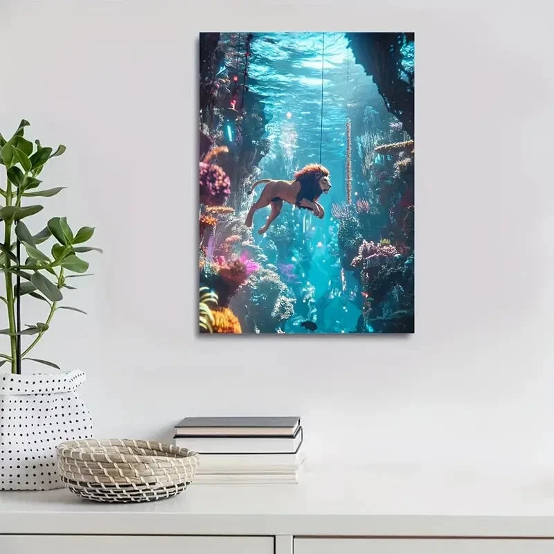 Cyberpunk Lion Swing Underwater Scene 40x60cm Metal Print Ready to Hang - Bella Home Decor