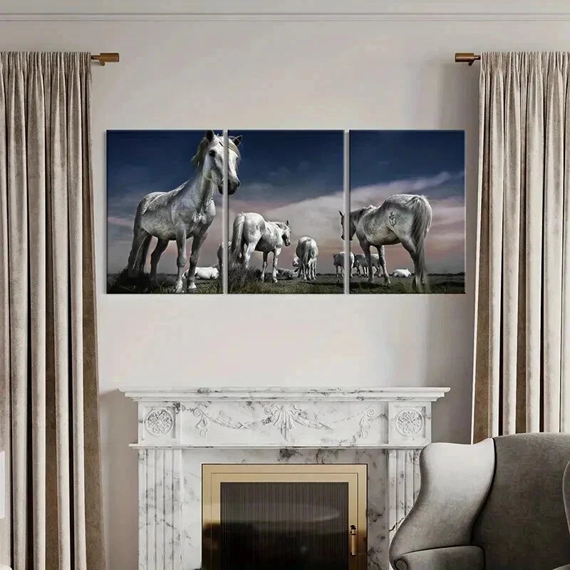 3pcs White Horse in Grassland Landscape Wall Art Set Canvas Framed 60x90cm - High Quality Print 100% Australian Made Wall Canvas Ready to Hang - Bella Home Decor