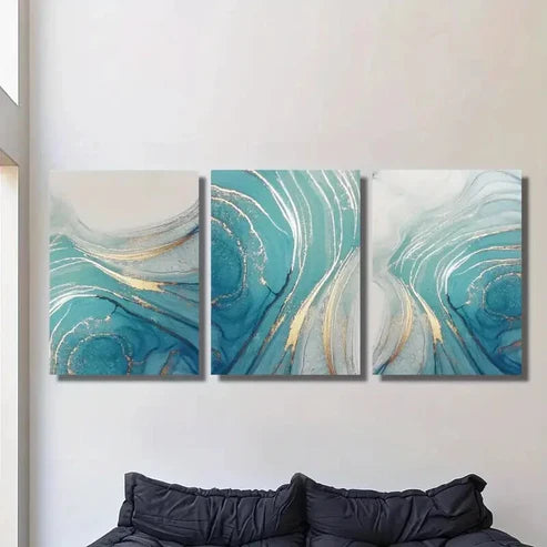 3pcs Beautiful Blue Golden Beach Fluid Wall Art Set Canvas Unframed - High Quality Print 100% Australian Made Wall Canvas - Bella Home Decor