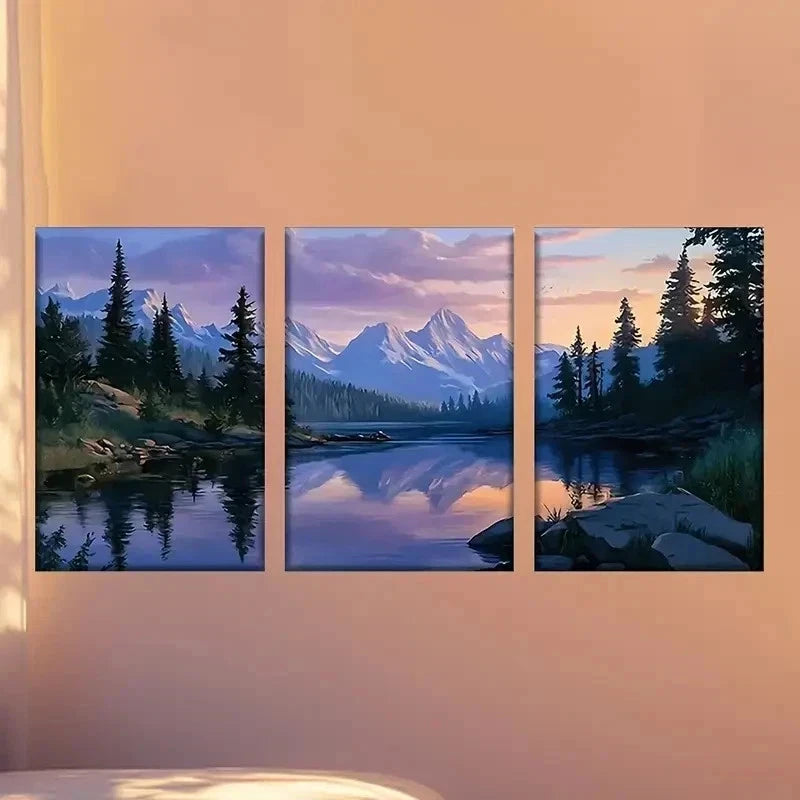 3pcs  painting of a mountain lake Wall Art Set Canvas Framed 50x70cm - High Quality Print 100% Australian Made Wall Canvas Ready to Hang - Bella Home Decor