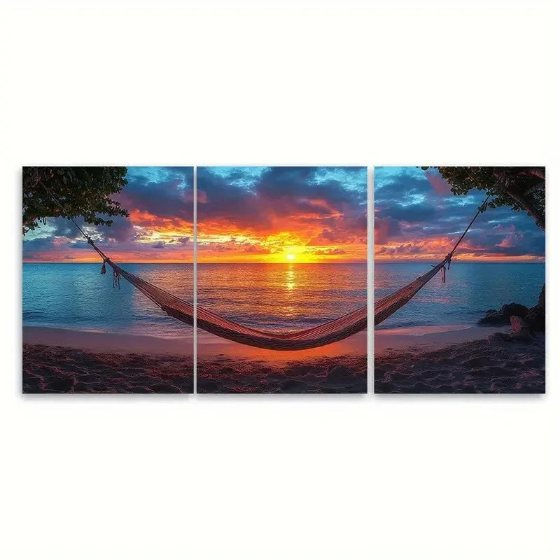 3pcs Beach Sunset Hammock DI  Wall Art Set Canvas Framed 40x60cm - High Quality Print 100% Australian Made Wall Canvas Ready to Hang - Bella Home Decor