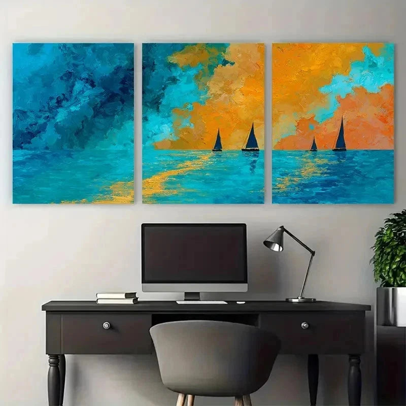 3pcs Golden Sunset Ocean Abstract Paint Perfect Wall Art Set Canvas Framed 50x70cm - High Quality Print 100% Australian Made Wall Canvas Ready to Hang - Bella Home Decor
