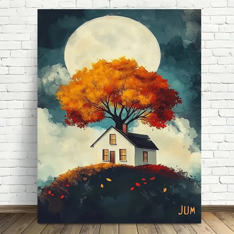 Beautiful Autumn Moonlit Cottage Painting 40x60cm Metal Print Ready to Hang - Bella Home Decor